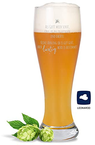 JUNIWORDS Weizenbierglas mit Gravur, Als Gott mich schuf, fing er an zu grinsen und dachte, keine Ahnung ob es gut geht, aber lustig wird es bestimmt!, Bierglas