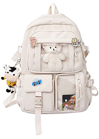 NICOLE & DORIS Rucksack Damen Niedlicher Schulrucksack Daypack Kawaii Rucksack Reise mit Mehreren Taschen und Plüschpuppen College Backpack für Mädchen Weiß