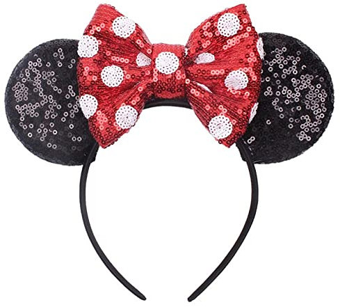 Mouse Ears Bow Headbands Shiny Bows Glitter Party Decoration Cosplay Costume for Kids Girls Women Princess Party Decorations Cosplay (Black+Red))