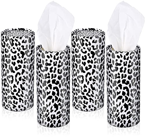 Yoande 4 Pack Car Tissues Round Leopard Print Tube Tissues Box with Facial Tissue Bulk Black and White Leopard Car Tissue Travel Cylinder Holder for Cup Holder Wedding Gifts Home Bathroom Office