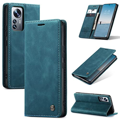 UFinetech Xiaomi 12 Lite Hülle, Leder TPU Dünn Handyhülle für Xiaomi 12 Lite 5G, Flip Magnetisch Kartenfächer Ständer Klappbar Stoßfest Kratzfest Weiche Tasche Kameraschutz Case Cover Schutzhülle,Blau