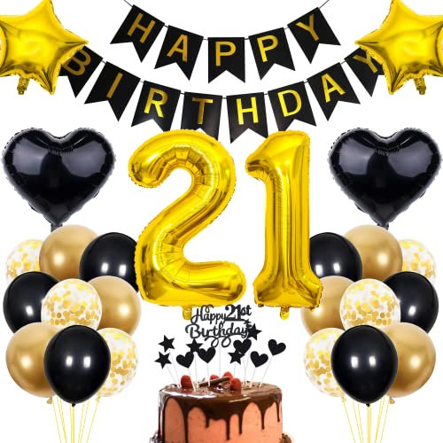 Cnrose 21. Geburtstag Dekoration - Schwarz Gold Party Deko für Männer und Frauen - Tortendeko für 21 Jahre
