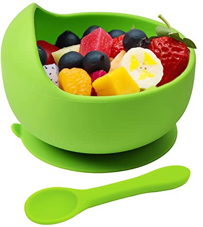 Hoseay Baby Feeding Bowls and Spoons,Silicone Toddler Weaning Set with Suction Bowl BPA Free Children Tableware Eating Bowl for Baby Boys Girls,Easy Clean Kids Meal Set Microwave Dishwasher Safe,Green