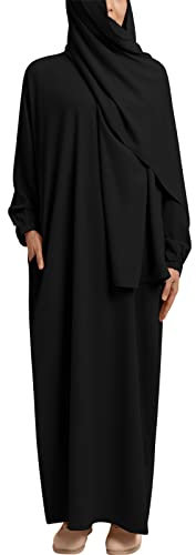 ODIZLI Abaya Muslim Damen Gebetskleidung für Frauen Islam Muslimische Kleider Langarm Elbisesi Arabisch Türkische Robe Jilbab Khimar Kaftan Ramadan Burka Ganzkörper Lang Gebetskleid Hijab Schwarz M