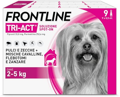 FRONTLINE Triact, 9 Pipette, Cane XS (2-5 kg), Antiparassitario per Cani e Cuccioli di Lunga Durata, Protegge il Cane da Pulci, Zecche, Zanzare, Pappataci e Leishmaniosi, Antipulci 9 Pipette