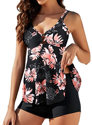 Genfien Maillot De Bain Deux Pièce Tankini Ensembles de Tankini pour Femme Imprimé Rembourré Maillot avec Short de Garçon Maillots de Bain Robe Top à Deux Bretelles