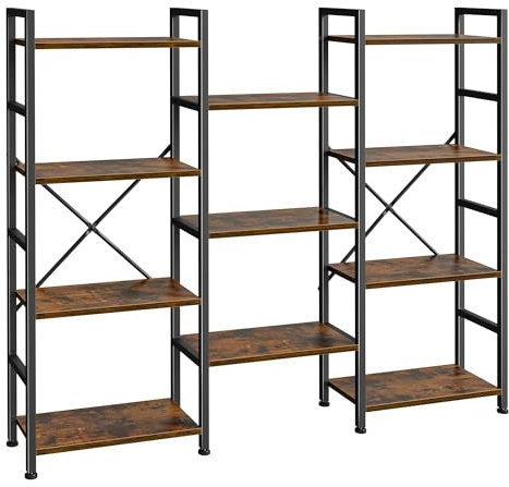 SUPERJARE Triple Bookshelf, Bookcase with 11 Open Display Shelves, Wide Book Shelf Book Case for Home & Office, 4 Tier, Brown