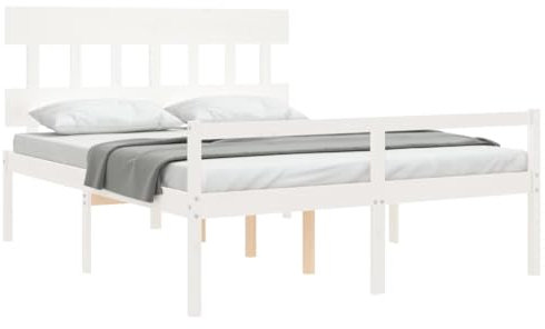 vidaXL Seniorenbett, Holzbett Bett mit Kopfteil Stauraum, Doppelbett für Senioren, Komfortbett Bettgestell mit Lattenrost, Schlafhöhe vom Boden 45cm, 160x200cm Weiß Massivholz