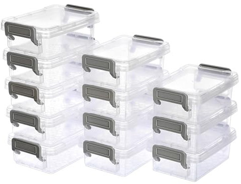 BSTKEY 12 Pcs Plastic Small Storage Containers with Lids, Clear Mini Storage Box Stackable Organizer Box Household Utility Box Case for Jewelry Beads Crafts