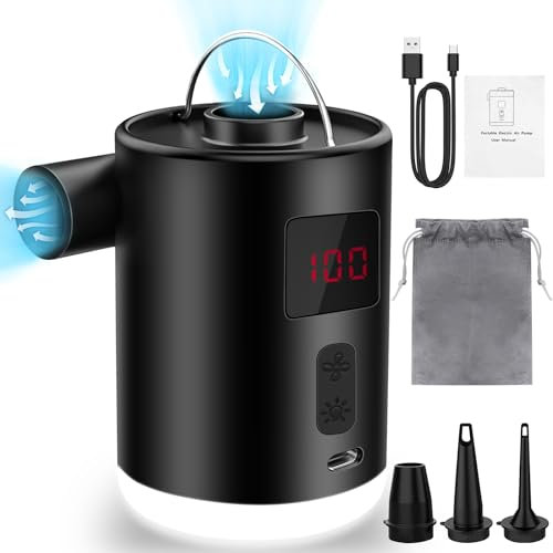 YESLUSY Elektrische Luftpumpe 4000mAh Luftpumpe Luftmatratze, Mini Pumpe Luftmatratze, Aufhängbar, Beleuchtet, mit 3 Luftdüsen, Kabellos, Tragbarer, für Luftbetten Kajaks Aufblasbare Schwimmringe