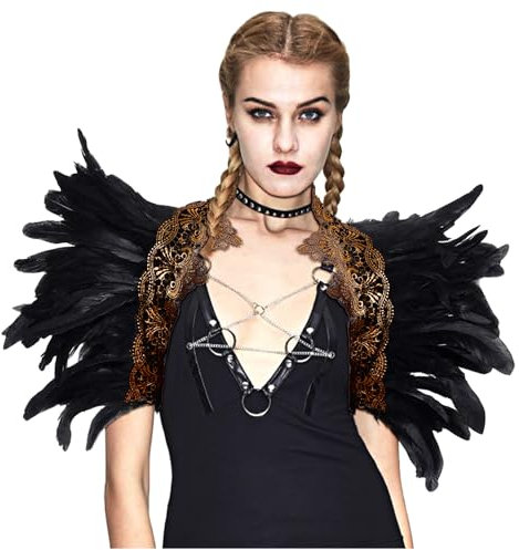 keland Damen Gothic Federkragen Federumhang Federschal Feder Schulter Kragen Umhang Cape (Gold-F)