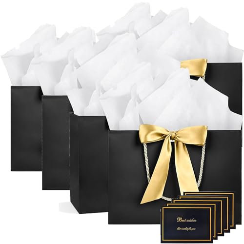 Geschenktüte mit Schleife, 5 Stück Papier Geschenktüten mit 5 Taschentuch und 5 Karten, Geschenktüten mit Griffen für Geburtstag, Hochzeit, Festivalfeier, Weihnachten(5-Black-GoldenRibbon)
