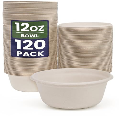 GreFusion Ultra 12oz Brown Paper Bowls [120 Pack] Unbleached Disposable Bowls Sugarcane Heavy-Duty