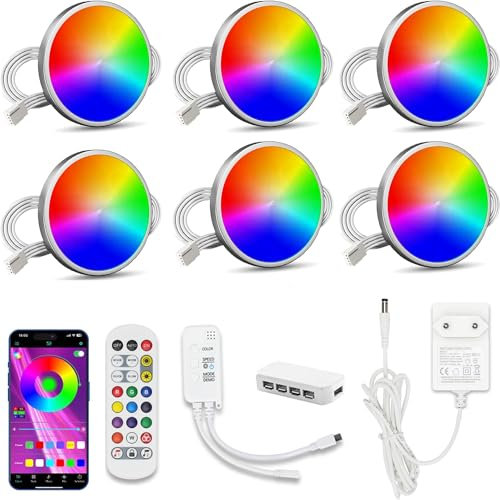 RGBW LED-Vitrinenbeleuchtung mit Fernbedienung, 6er Strahler Puck Lichter Set, Musik-Synchronisation, Wandleuchten 3 Steuerungsmethoden, Farbwechsel