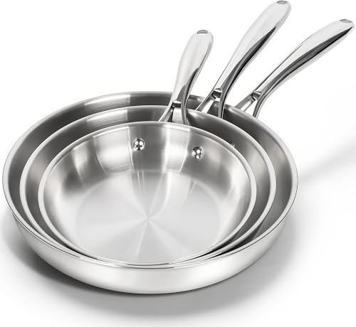 MICHELANGELO 18/10 Stainless Steel Frying Pan Set, 20/24/28cm Steel Frying Pans, Triply Base Stainless Steel Pans Set with Ergonomic Handle, Induction Compatible