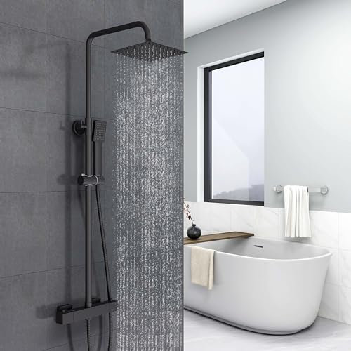 Biubiubath columna de ducha termostática con mezclador termostático, ducha de mano tres funciones, negro, columna de ducha regulable en altura 735-1170 mm (cuadrado 2)