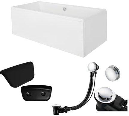 KOLMAN KOMPLETTSET 5in1 Acryl Weiß Wanne Badewanne Rechteck 180x80 cm QUADRO Made in EU + AcrylSchürze + Badkissen KODI in Schwarz, mit Premium Ablaufgarnitur in Chrom & Wannenfüße