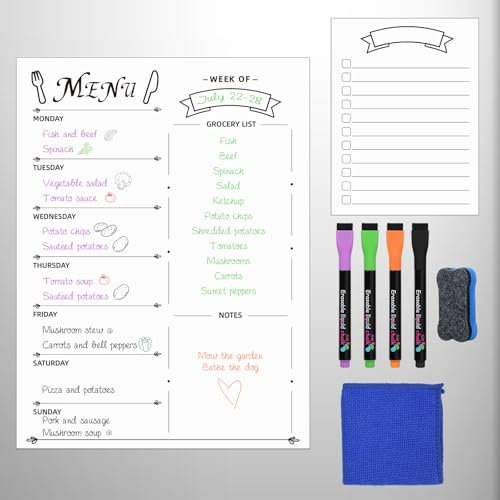 Thboxes 2 Pack Magnetic Weekly Meal Planner Board for Fridge, Dry Eraser White Menu Board Meal Planner and Shopping List, Includes 4 Markers, 1 Eraser, 1 Rag