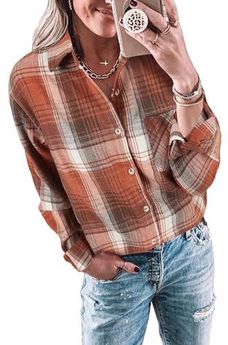 Imily Bela Chemisier à carreaux pour femme - Chemisier long décontracté à manches longues - Chemise en flanelle - Chemise à carreaux - Boutons - Manches longues, Couleur sucrée, XL