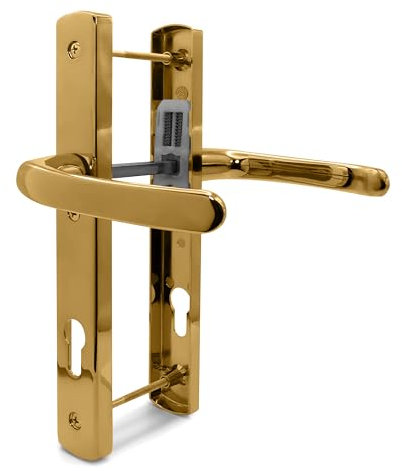 TSS Polished Brass UPVC Door Handle Pair Set, 92mm PZ (Centres), Sprung, Lever Lever, 215mm Top Screw To Bottom Screw (screw centres), 3x Fixing Points, Backplate 260mm x 35mm - Replacement PVC Handle