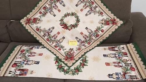 Tischläufer Streifen und Zentrum Design Weihnachten mit Nussknacker-Muster 100% Baumwolle Gobelin Garn aus Lurex Made in Italy !! (Runner 45 x 140)