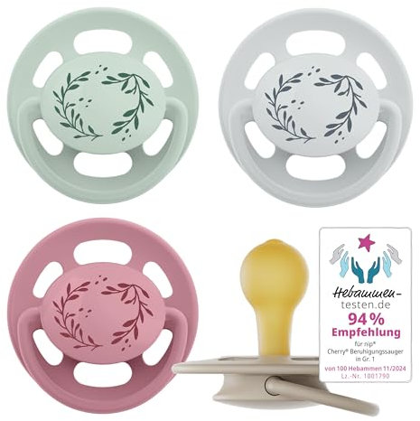 nip - Cherry Green | 0-6 Monate | 4er Pack | Stillfreundlicher, zahnfreundlicher Babyschnuller. Nachhaltiger Schnuller aus natürlichen Rohstoffen, Rot/Grau