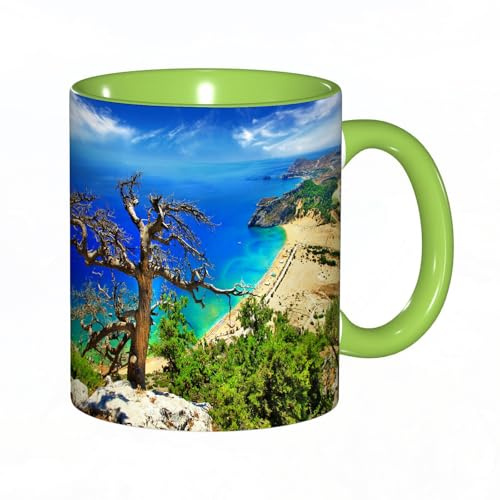 EKLMPS Becher aus Keramik, Ideal als Geschenk, Hochwertiger Aufdruck, Tasse mit Motiv, Tee Becher, Coffee Cup, 330ml,Fantastische Strände Griechenlands - Tsambika Bucht auf der Insel Rhodos
