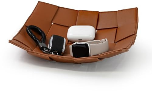 Valet Tray PU Leather Key Holder Bowl for Men and Women Entryway Table Nightstand Catchall Storage Organizer EDC Dump Tray for Wallet, Keys, Coins Men's Gift - Brown, 9.8 L x 9.8 W x 2 H