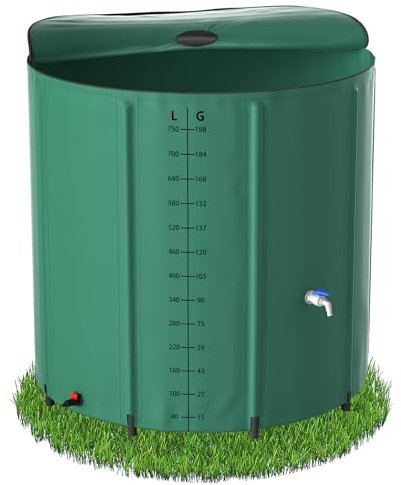 QEENTOE Regenwassertonne Faltbar Wassertank Regenfass mit Ablassventil & Stützstangen Regentonne mit Deckel Regenwassertank Wassertank mit Volumen-Skala Wetterfeste - 750L - Grün - mit Wasserhahn