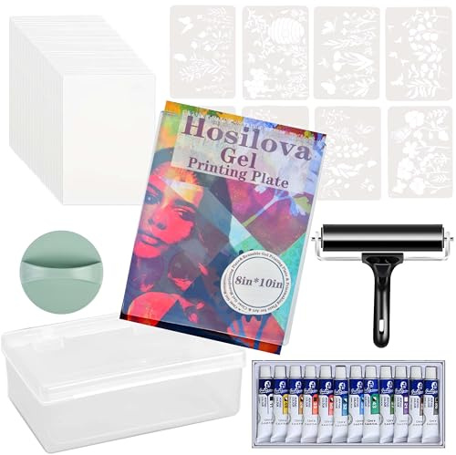 Reusable Gel Printing Plate Kit- 8 X 10 Gel Plate with Acrylic Paint, Printing Paper, Stencil, Storage Box, Rubber Roller, Baren, Easy Clean Plate,DIY Printmaking for Art Card Making, Scrapbooking