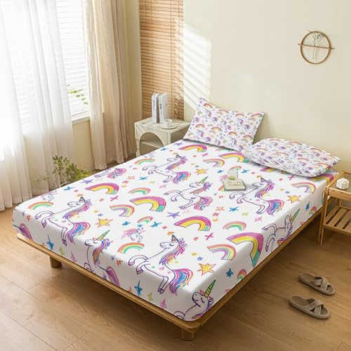 Generisch Spannbettlaken 120x200cm Einhorn, mit 1 Kissenbezug 80x80 - Bettlaken Regenbogen Sterne Pferde Motiv, Deko & Geschenke, 30 cm Steghöhe, Gebürstete Mikrofaser Spannbetttuch - SJE574