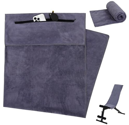 Toalla Gym Bolsillo Cremallera, Toalla Gimnasio, Toalla Microfibra 120x50cm | Secado Rápido Suave, Compartimento Seguro para Móvil, Azul Grisáceo Ideal Entrenamiento, Yoga, Playa y Ducha Hombre Mujer