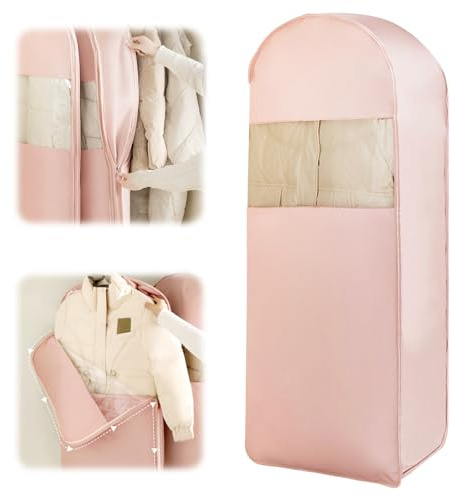 Yiomxhi Kleidersack zum Aufhängen mit selbstkomprimierendem Reißverschluss, Platzsparende Schutzhülle für Daunenmantel, Lang Anzugtasche Anzugsack Kleiderhülle für Anzug Mäntel (Rosa)