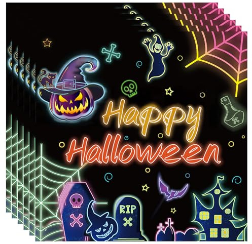 MOMAHUA 20 Stück Neon Glow Halloween Servietten Geschirr für 16 Personen, Hallow Partygeschirr Set Inklusive 33x33cm Party Servietten für Grusel Party Dekoration Happy Halloween Geburtstag Tischdeko