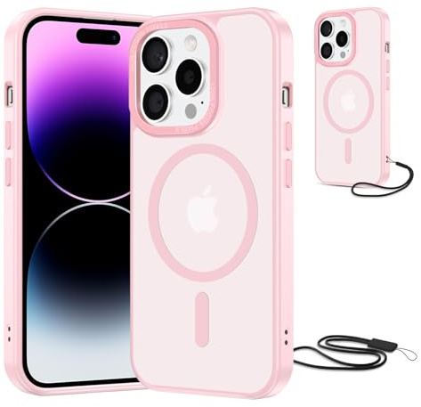 NEW'C Magnétique Coque pour iPhone 14 Pro Max (6,7 Pouces), Compatible avec MagSafe Antichoc Ultime avec Cordon – Magnétisme Puissant et Protection Militaire -Etui Translucide Mat - Rose