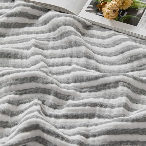 EMME Musselin Decke 100% Baumwolle 150x200 Gestreift Tagesdecke | 4-Lagig Weiche Atmungsaktive Sofadecke & Überwurf Für Erwachsene Ganzjährig Vorgewaschen Couch Bettdecke