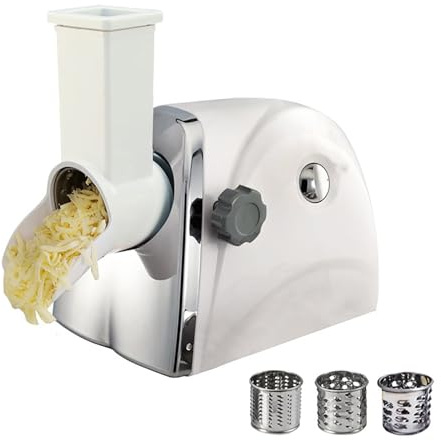 Râpe à fromage électrique multifonction avec 3 tambours pour déchiquetage rapide du citron, des pommes de terre, des oignons, de l'ail, du fromage, du concombre, de la carotte, des noix