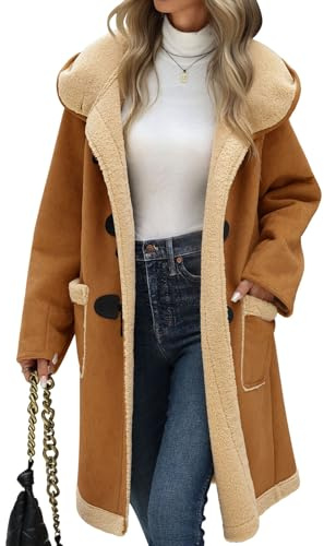 UMIPUBO Women Suede Sherpa Fleece Lined Duffle Faux Leather Coat Mid Length Hooded Toggle Jacket with Pockets, Dark Khaki, XL