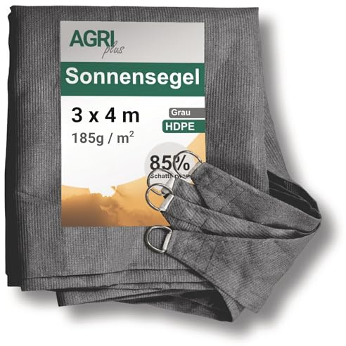 AGRI plus Sonnensegel rechteckig 3x4m I Grau I HDPE-Segeltuch mit Ösen & Befestigung I Sonnentuch ideal als Sonnenschutz für Balkon, Terrasse & Garten I wasserdurchlässig & winddurchlässig