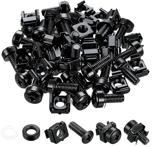 qxayxa 160 Pcs (80 Sets) Rack Mount M6×20 mm Cage Nuts & Screws Kit, Black | Black M6×20 mm rack screws, cage nuts & washers—fit server cabinets, audio racks & shelves; durable set in an organized box.