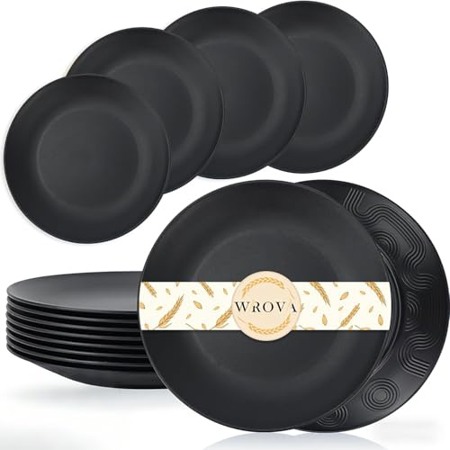 Wrova Reusable Plastic Side Plates 9 Inch Unbreakable Plates Set of 8 - Dishwasher & Microwave Safe Dinner Plates - Lightweight Plastic Plates for Kitchen,Camping,Apartment,RV - Black