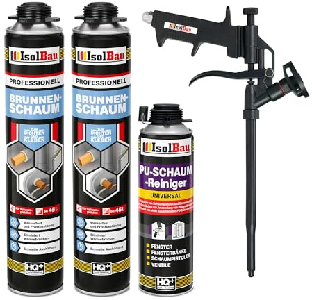 Isolbau - Brunnenschaum 1K Bauschaum Wasserdicht Aussen und Innen - 2 x Montageschaum 750 ml, 1 x PU-Schaum-Reiniger & 1 x Schaumpistole - PU-Schaum - Pistolenschaum Dämmschaum Isolierschaum