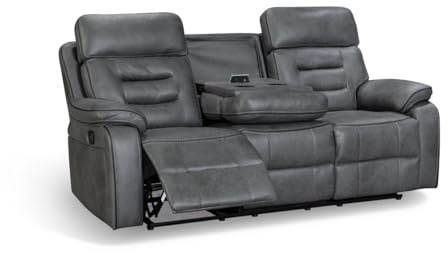 Grey Faux Leather 3 Seater Recliner Sofa with Drop Table - Leather Reclining Sofa with Cup Holders & Charging Hub USB A-C Phone & Tablet | Lazy Boy Couch for Living Room, Gaming & Elderly | VENETIAN