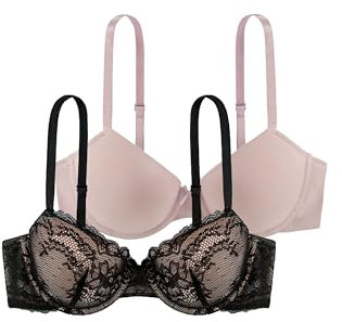 Dorina CHLOE - Ensemble de Soutiens-Gorges Demi pour Femme, Pack de Deux Pièces, Avec Armatures et Bonnets Moulés, Détails en Dentelle Florale et Nœud en Satin, Bretelles Réglables, Noir, Nude