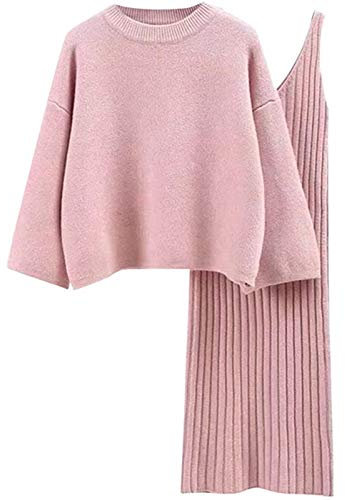 Minetom Damen Gestrickt Kleid Set Oberteil Pullover Pulli und Kleid Bodycon 2 Teiliges Sweater Langarm Strickkleid Pullikleid Minikleid Rosa Einheitsgröße