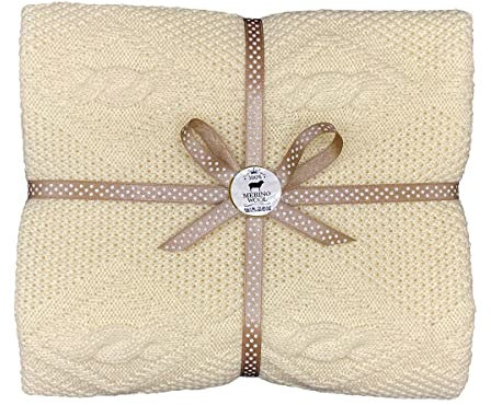 Aidalux Babydecke aus 100% Merinowolle Strickdecke Mädchen/Junge Kuscheldecke Geschenk zur Geburt Babyparty | 100x90cm Creme (Merino 1)