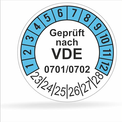 Fluxxx 112 Stk Prüfplaketten Geprüft nach VDE, 20 mm Ø, Prüfetiketten nach DGUV V3, 2023-2028, selbstklebend, Prüfaufkleber, E-Check Prüfetikett, Plakette für Elektrogeräte (Blau, 1 Bogen)