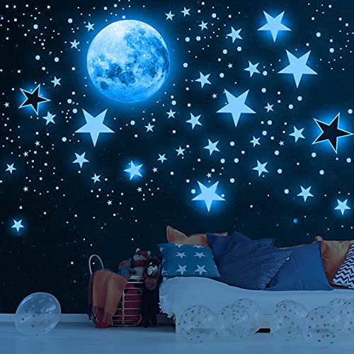 Tarklanda 1175 Stück Leuchtsticker Wandtattoo Leuchtsterne Selbstklebend Kinderzimmer Wandsticker Mond und Sterne Fluoreszierend Wandaufkleber, Aufkleber Für Kinderzimmer Mädchen Dekorative
