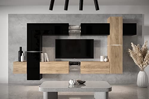 Furnitech Wohnwand Wohnzimmer - Hängend Wohnwand Modern - Schrankwand mit Regale und TV Schrank - Möbel ohne LED (AN91NEW-21BS-HGM23)