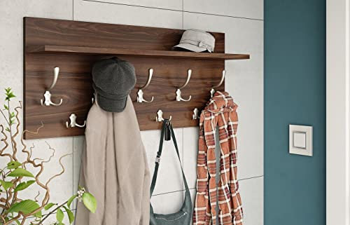 Design Garderobe Garderobenpaneel 90 x 40 cm Nussbaum - Edelstahloptik mit Hutablage Kleiderhaken Finlo